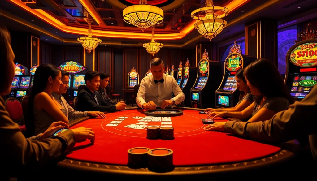 Engaging casino atmosphere with bem88 poker table, cards, and vibrant slot machines.