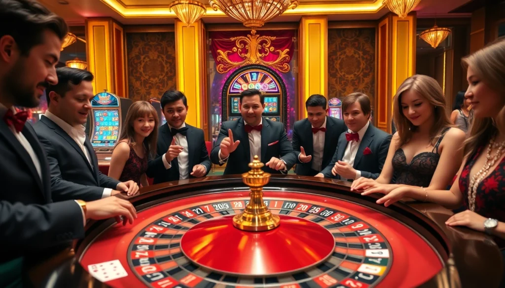 KJC branded roulette table with eager players enjoying a vibrant casino atmosphere.