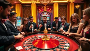 KJC branded roulette table with eager players enjoying a vibrant casino atmosphere.