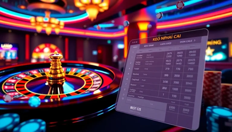 Engage with keo nha cai betting options in a vibrant online casino atmosphere filled with poker chips and roulette.