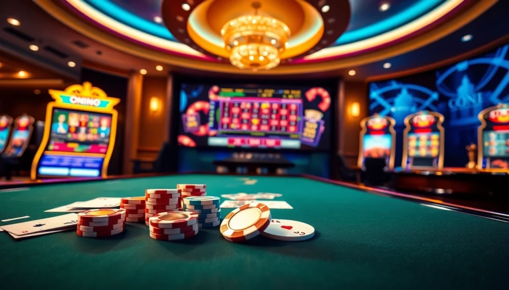 Experience the excitement of online gambling at one88 with dazzling casino elements like poker chips and vibrant slot machines.