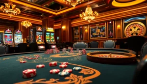Players engage in high-stakes poker at a luxurious Rikvip casino table with vibrant chips and excitement.