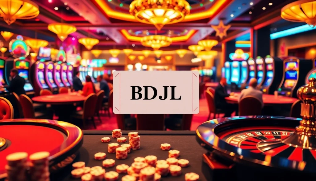 Gambling scene with players at BDJL tables, vibrant slot machines, and roulette wheels in a luxury casino.
