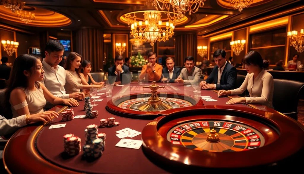 Exciting RR88 casino scene with players at a gambling table showcasing luxury and thrill.