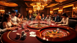 Exciting RR88 casino scene with players at a gambling table showcasing luxury and thrill.
