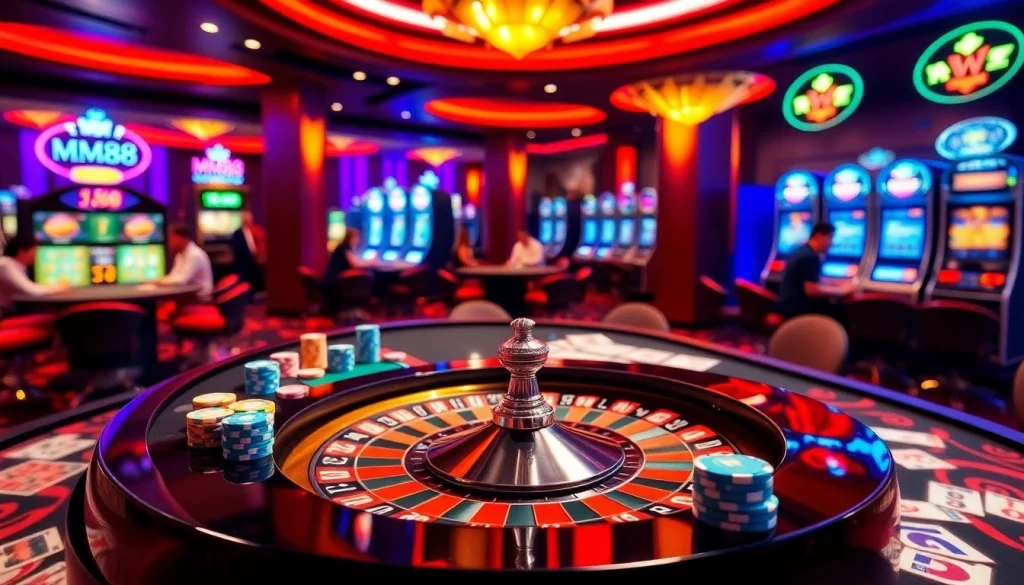 Experience the thrill of MM88 with vibrant casino visuals and exciting gambling action.