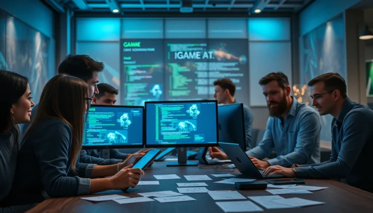 Game AI developers collaborating on innovative gaming technology in a modern workspace.