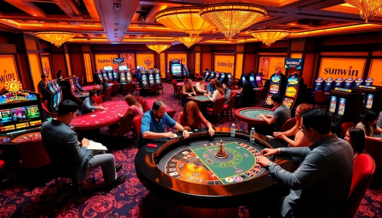 Players experiencing the excitement of sunwin's casino games at a vibrant casino.