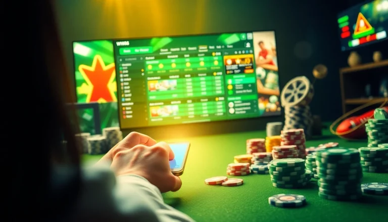 Link vào WW88 displayed on a smartphone, showcasing an engaging online gambling interface with vibrant colors and casino props.