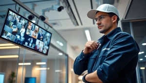 Instalación de soporte técnico en cámaras de seguridad por un técnico profesional en una empresa moderna.