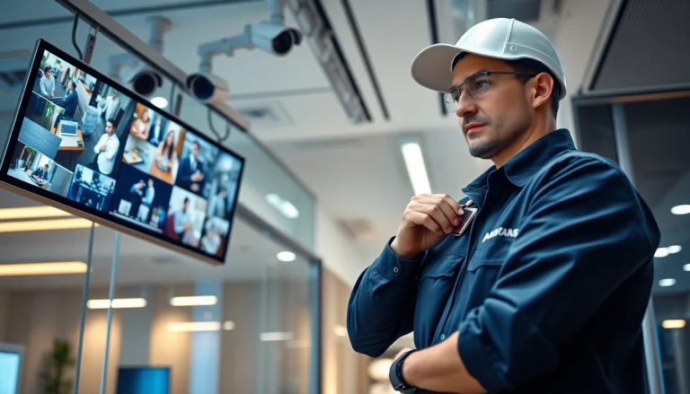 Instalación de soporte técnico en cámaras de seguridad por un técnico profesional en una empresa moderna.