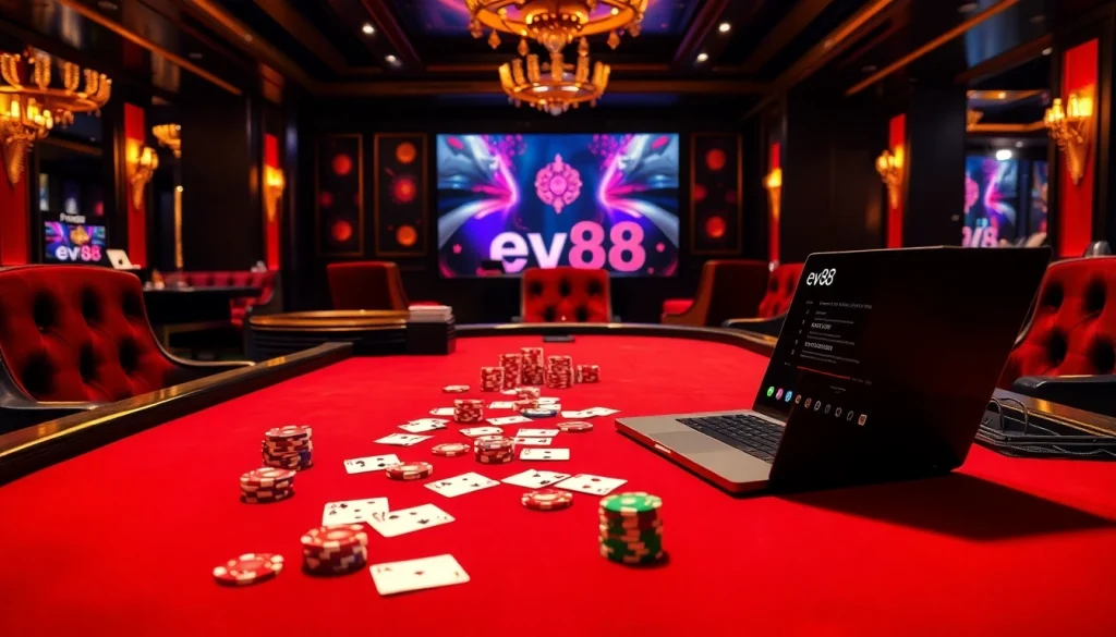 Intensely focus on ev88 gambling action at a high-stakes poker table with vibrant chips and cards.