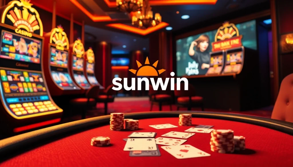 Exciting gaming action at sunwin with vibrant slot machines and elegant poker tables.