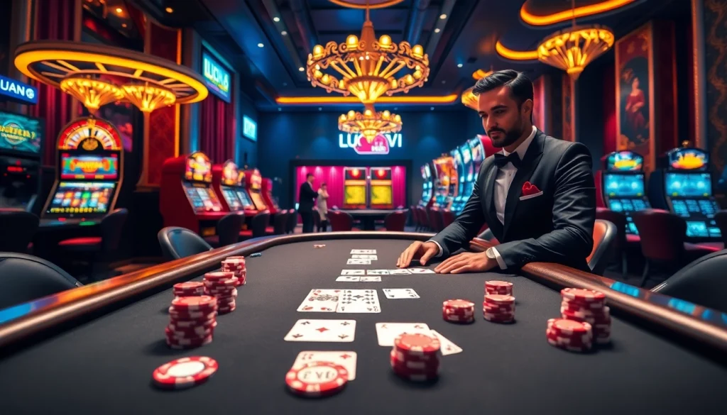 Immerse in the thrilling LUCK8 VIP gaming experience with vibrant poker and roulette tables.