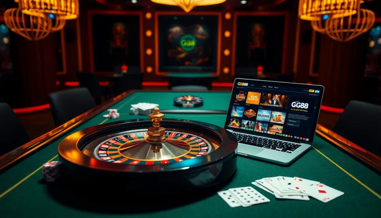 Players enjoying high stakes at GG88 casino table with vibrant roulette wheel and poker chips.