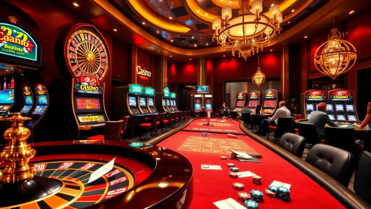 Exciting casino scene with roulette, poker, and slot machines inspired by https://u888com.net/ for engaging gambling action.