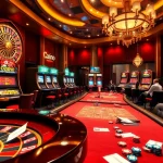 Exciting casino scene with roulette, poker, and slot machines inspired by https://u888com.net/ for engaging gambling action.