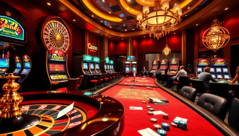 Exciting casino scene with roulette, poker, and slot machines inspired by https://u888com.net/ for engaging gambling action.