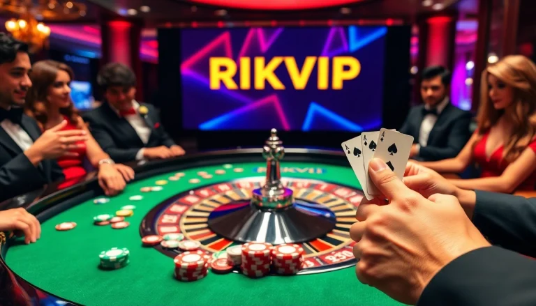 Engaged players at the RIKVIP casino table, enjoying an exciting gambling experience with vibrant colors and casino chips.