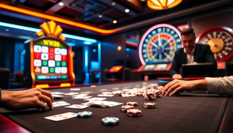 Engaging WW88 casino atmosphere with poker chips, cards, and slot machines in play.