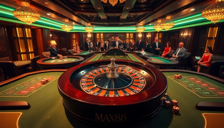 Experience the thrill of max88 with elegant casino tables and vibrant roulette action.