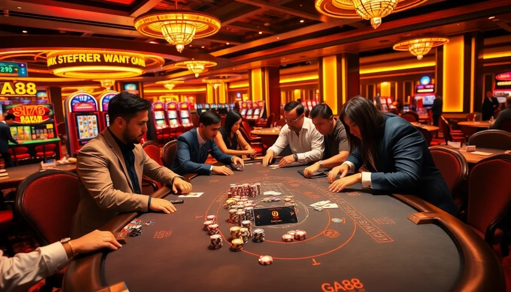 GA88 players strategizing at a lavish poker table in a bright casino environment.