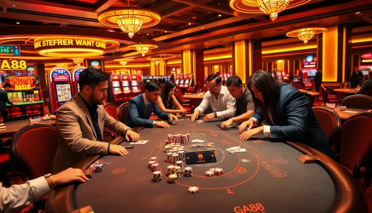 GA88 players strategizing at a lavish poker table in a bright casino environment.