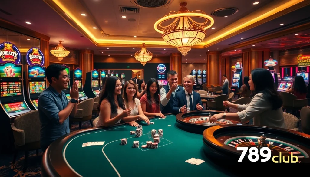 Players enjoying an exciting game at 789club casino, surrounded by vibrant slot machines and gaming tables.
