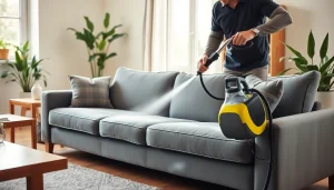 Couch cleaning in Glasgow showcased by a professional cleaner in a cozy living room.