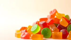 Buy legal THC gummies UK arranged in a vibrant display, showcasing diverse flavors and textures.