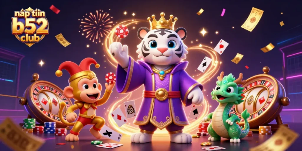 Nạp tiền b52 club with excitement featuring a playful monkey juggling poker chips alongside a majestic tiger.