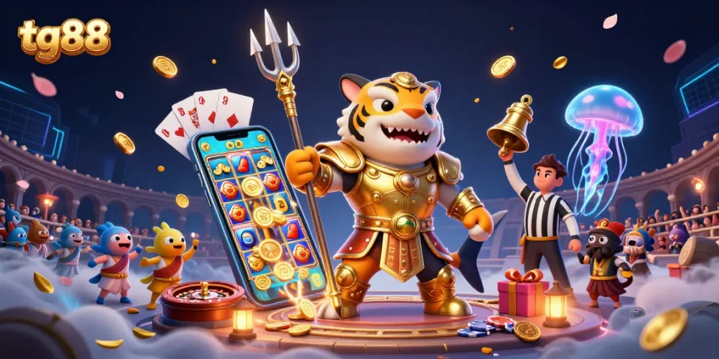 Engage with tg88's immersive underwater casino experience featuring a golden gladiator shark and dynamic gaming elements.