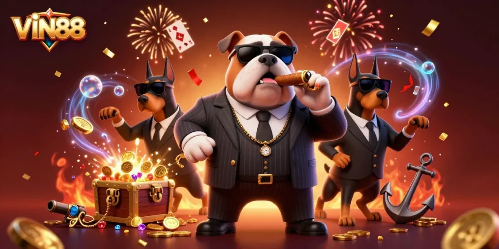 Engage with the exciting offerings of VIN88 featuring a mafia bulldog and vibrant casino elements.