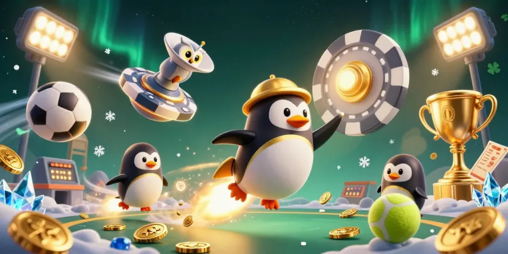Experience gaming excitement with the sunwinx rocket-powered penguin thrilling through a cosmic casino.