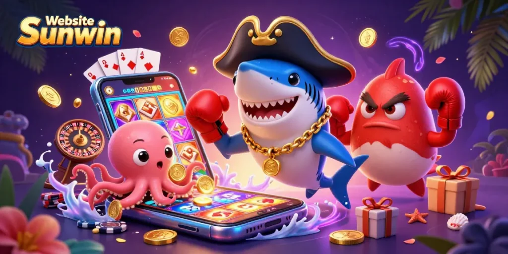 Engage with games at Website Sunwin featuring a pirate shark and octopus amidst rich casino action.