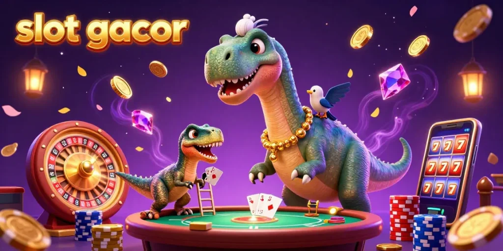 Experience the excitement of slot gacor with a vibrant 3D scene showcasing unique characters in a lively casino setting.