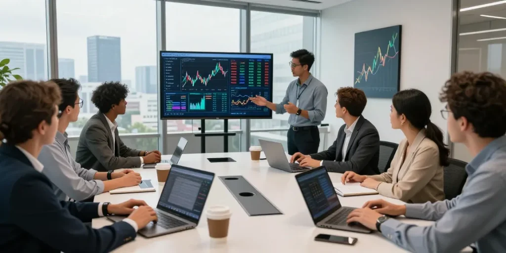 Invest in BRICS coins discussions among professionals in modern office setting.