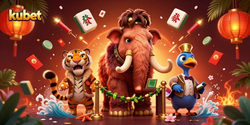 Kubet casino scene featuring vivid characters, including a mammoth bouncer and a saber-tooth guest, engaging in vibrant activities.