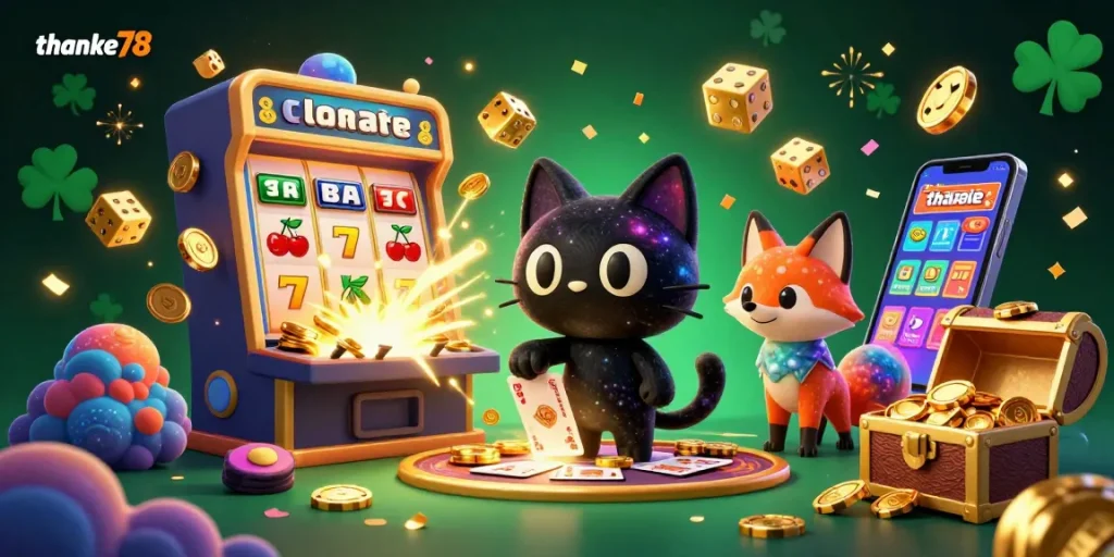 Engage with exciting gameplay at thanke78 as a black hole cat draws in golden chips in a cosmic casino.