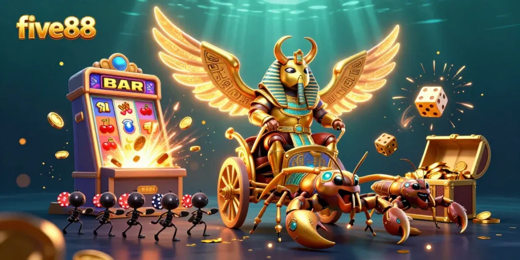 Watch five88's jackpot explosion with a scarab chariot and dazzling casino elements!