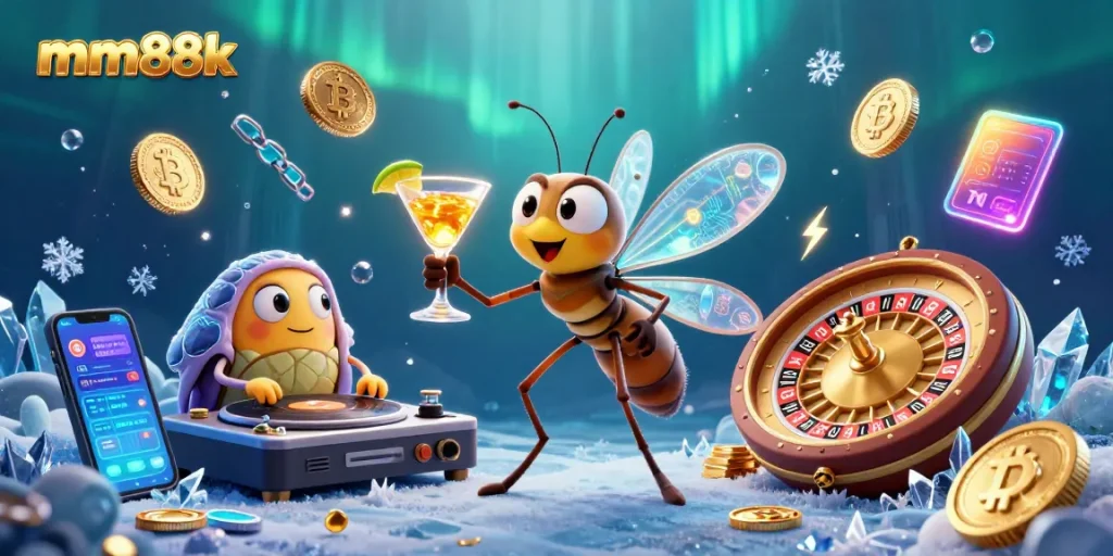 Interact with the vibrant casino scene of mm88k featuring unique characters and engaging crypto elements.