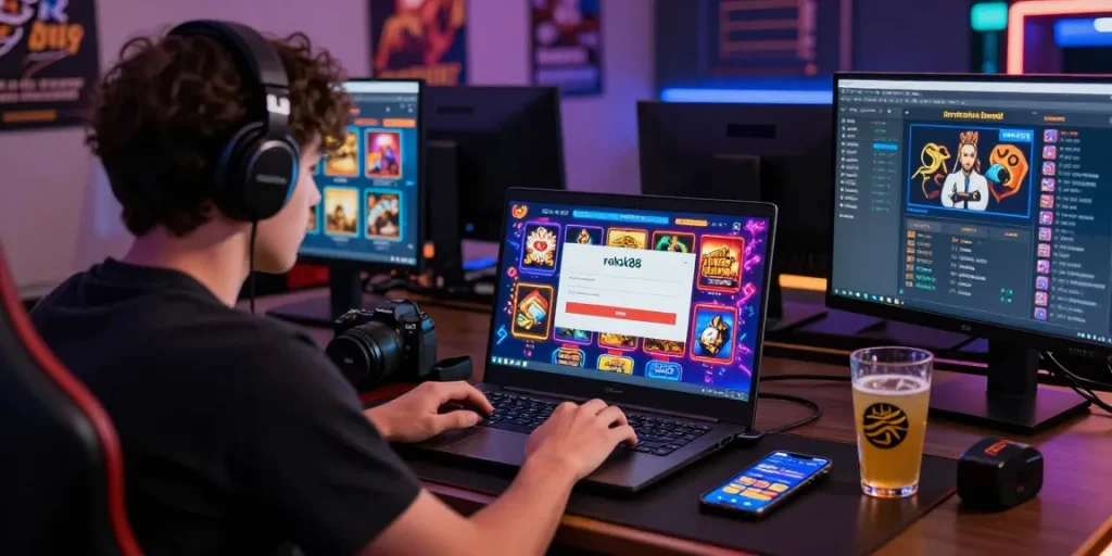 Player using rokok88 login on laptop, surrounded by gaming accessories and vibrant game graphics.